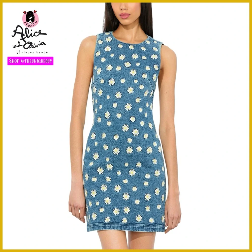 Alice + Olivia Wynell Floral Daisy Embroidered Mini Denim Dress